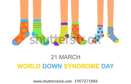 World Down syndrome day poster or invitation card. Man, woman and children feet in different colorful odd socks as a symbol for WDSD. Vector flat illustration. Royalty-Free Stock Photo #1907271886