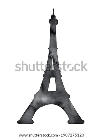 Watercolour shape of Eiffel Tower. Sign of Paris, French culture, heritage of Europe, popular tourist world attraction. Hand painted water color drawing, cutout clip art element for design decoration.