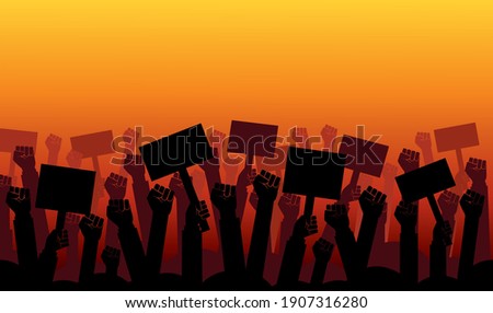 Group of fists raised in air. Group of protestors fists raised up in the air vector illustration Royalty-Free Stock Photo #1907316280