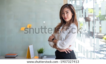 Image of asian businesswoman confident in work, be creative in office work.