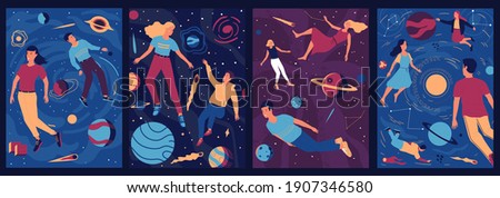 Abstract cosmos posters. People float in outer space with zero gravity. Cute men and women fly around planets and stars. Collection of cosmic psychedelic banners. Vector relaxation for mind expansion Royalty-Free Stock Photo #1907346580
