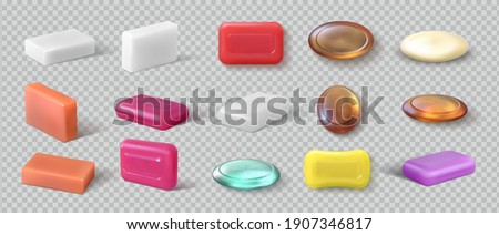 Realistic soap. 3D detergent. Cosmetic product for hygienic skincare. View from different sides of toiletries for washing hands. Glycerin or natural cleanser on transparent background. Vector spa set Royalty-Free Stock Photo #1907346817