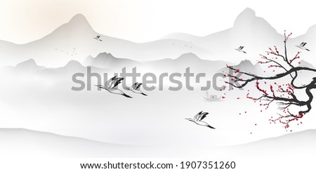 Chinese ink and water landscape painting Happy chinese new year banner card Royalty-Free Stock Photo #1907351260