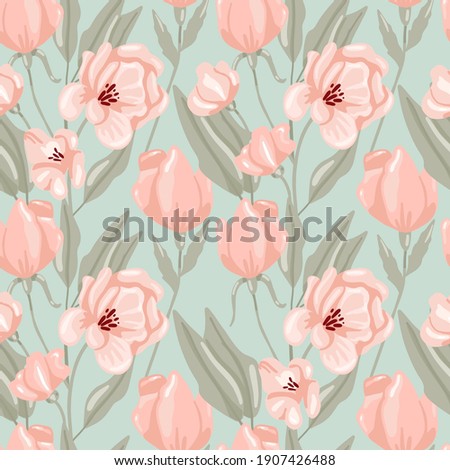 Pastel peony seamless pattern. Hand drawn elegance boho style botanical background, flowers and leaves soft colors, modern vector decor textile, wrapping paper, wallpaper. Floral texture print fabric Royalty-Free Stock Photo #1907426488