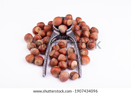 nutcracker with broken hazelnuts on a white background