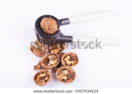 walnut cracker and walnuts on a white background