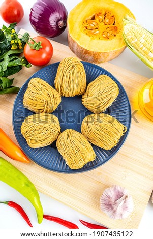 Fresh vegetables, fruits and scallop noodles, nutrition concept background material