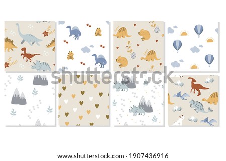 Big set seamless patterns. Cute hand drawn baby pictures collection with dinosaurs. Vector illustration.