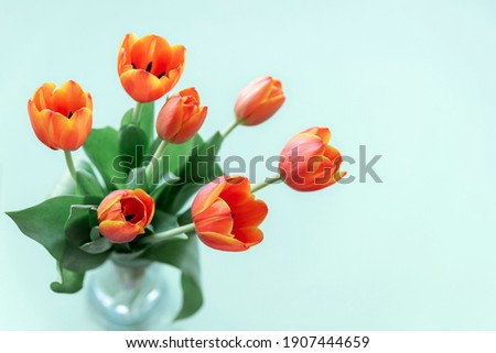 Bouquet of orange tulips on a light blue background. Selective focus. Spring holidays concept.