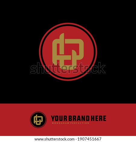 Initial letters L, P, LP or PL overlapping, interlock, monogram logo, red and gold color on black background