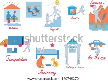 Everyday situations.  Pictures on the topic of insurance and daily activities. Isolated objects on a white background, blue and shades of orange.