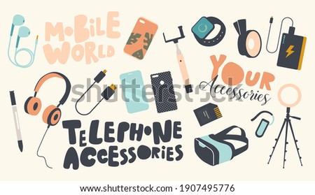 Set of Icons Phone Accessories Theme. Modern Digital Devices and Gadgets Tripod for Smartphone, Usb Charger, Memory Card, Stilus for Mobile Phone, Headphones or Vr Goggles. Cartoon Vector Illustration Royalty-Free Stock Photo #1907495776