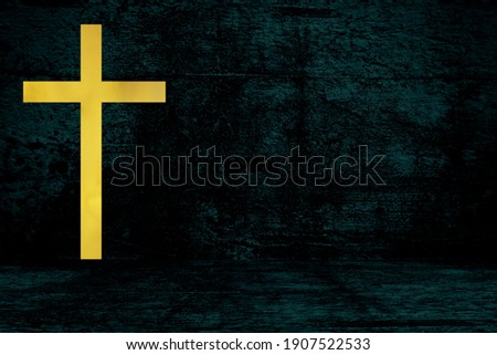 Christ Cross Door on Black Grunge Concrete Wall Background.