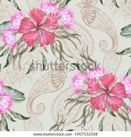 Background with national Indian floral ornament. Seamless pattern. Watercolor illustration