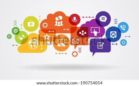 Social media concept. Communication in the global computer networks. Set of flat design concept icons for web and mobile services. File is saved in AI10 EPS version.  Royalty-Free Stock Photo #190754054