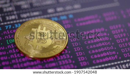 Bitcoin mining program at work close up footage