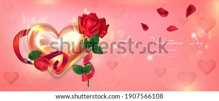 Bright Valentine's Day banner with glowing heart and roses. The illustration in gentle shades of pink is perfect for poster, banner, postcard, web banner