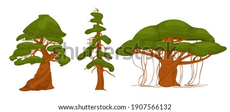 Set of green fluffy trees isolated on white background. Trees of different types, sizes of leaf density, tree with leans