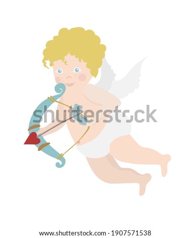 Little cute cupid with bow and arrow flies. Valentine's day illustration for design of cards and posters. flat illustration isolated on white background.