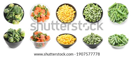 Collage of different frozen vegetables on white background