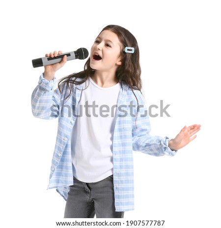 Cute little girl singing against white background Royalty-Free Stock Photo #1907577787