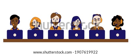 Operator of call center office working in headphones and they sit behind their laptops. Customer service character. Illustration vector in a flat style. Employees of the call center.