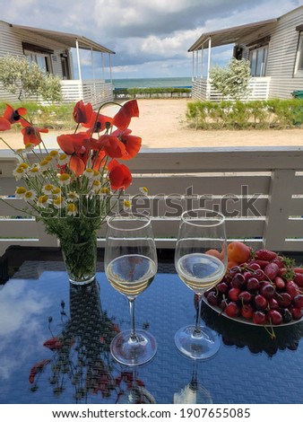 two glasses fruit sea sky reflection rest poppies chamomile flowers