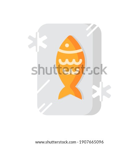 Frozen food vector flat color icon. Preserved fish. Frosted seafood. Cold salmon. Fresh tuna in ice. Marine food in fridge. Cartoon style clip art for mobile app. Isolated RGB illustration