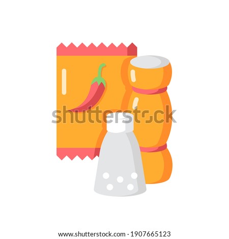Condiments vector flat color icon. Pepper and salt for cooking. Seasoning options. Dressings for meal. Red pepper in packet. Cartoon style clip art for mobile app. Isolated RGB illustration