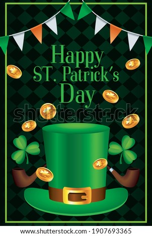 happy saint patricks day lettering with tophat and coins vector illustration design