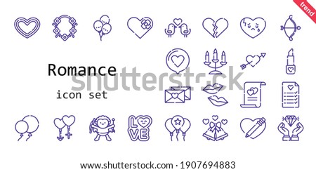 romance icon set. line icon style. romance related icons such as love, couple, balloon, balloons, broken heart, necklace, lipstick, kiss, wedding bells, heart, cupid, wedding planning, diamond