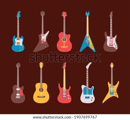 ten guitars instruments musicals set icons vector illustration design