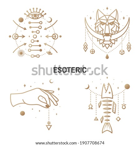 Esoteric symbols. Vector Thin line geometric badge. Outline icon for alchemy or sacred geometry. Mystic and magic design with moon in the mouth of a wolf, fish bone, all-seeing eye, dna, hand