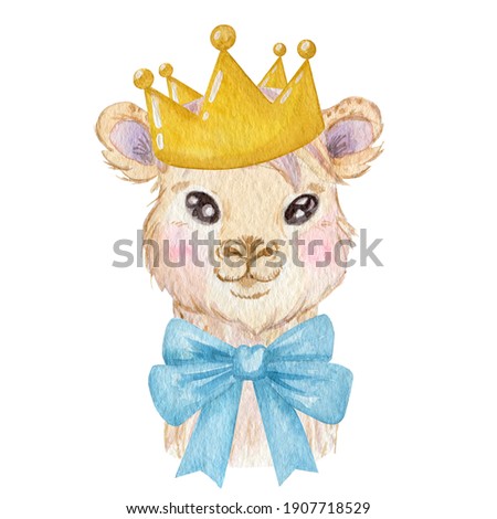Party llama portrait watercolor illustration. Cute llama wearing crown and bow isolated on white background.
