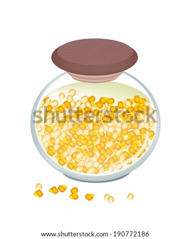 Vegetable, An Illustration of Sweetcorn in Brine of Water and Salt in A Glass Jar Isolated on White Background. 