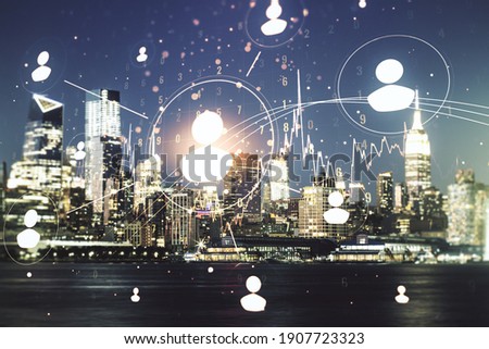 Double exposure of social network icons hologram on Manhattan office buildings background. Networking concept