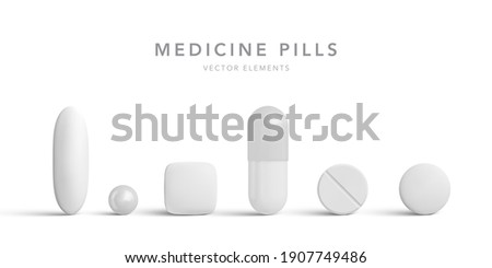Antibiotic pills isolated on white background. Collection of oval, round and capsule shaped tablets. Medicine and drugs. Vector illustration Royalty-Free Stock Photo #1907749486