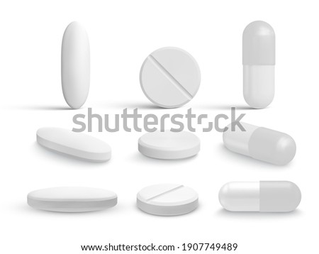 Realistic white medicine pills and tablets isolated on white background. Healthcare template. Vector illustration Royalty-Free Stock Photo #1907749489