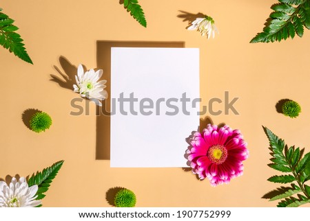 Mockup blank greeting spring card with flowers. Composition with pink white flowers and green leaves minimalistic top view monochrome natural colors background. Flat lay. Copy space.