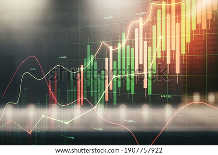 Double exposure of abstract creative financial chart hologram on modern business center exterior background, research and strategy concept Royalty-Free Stock Photo #1907757922