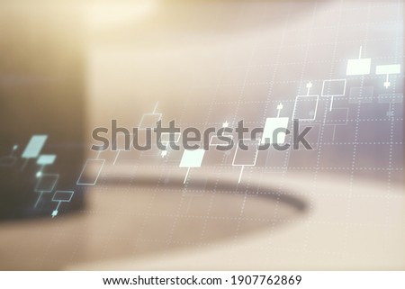 Double exposure of virtual creative financial diagram on empty room interior background, banking and accounting concept
