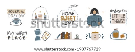 Collection of decorative home elements with home quotes. Scandinavian style interior elements. Cozy hygge concept. Vector cartoon hand drawn illustration.
