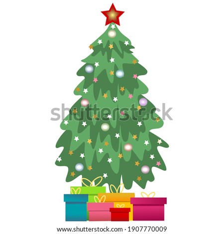 Christmas tree. Evergreen tree with decorations and gifts. Christmas and New Year celebration concept. Cartoon style, colorful drawing.
