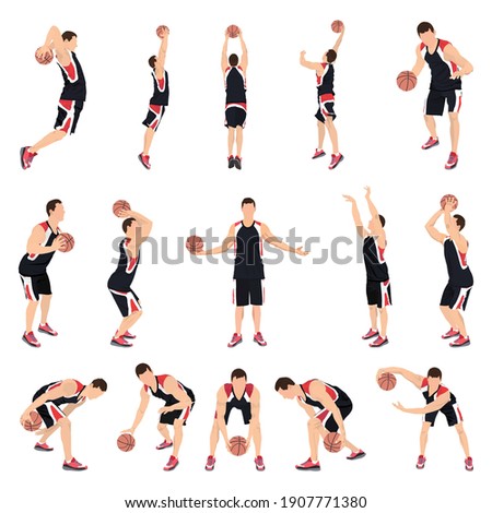 Basketball player set, vector isolated illustration. Professional athletes dribbling, bouncing, passing, shooting the ball jumping in the air. Basketball crossover dribbling, free throw, slam dunk. Royalty-Free Stock Photo #1907771380