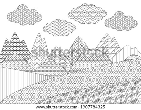Mountain landscape with fields for your coloring book