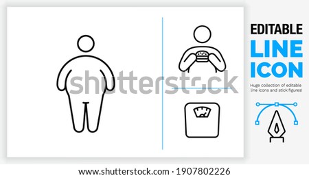 Editable line icon in a black stroke weight of a obese man standing with a fat belly as symbol for obesitas and a person eating junkfood hamburger as a unhealthy body diet and a scale in eps vector Royalty-Free Stock Photo #1907802226
