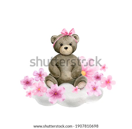 Newborn Teddy bear Baby girl shower illustration.Watercolor hand painted illustrations isolated on white background.