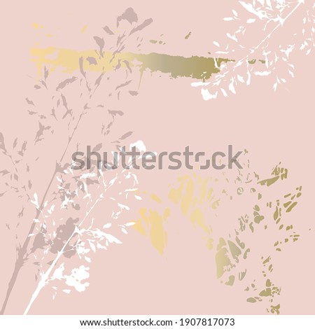 Abstract botanical background with realistic plants, paint strokes and golden texture. Isolated shapes under clipping mask for easy editing. Pastel colored creative  vector template