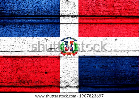 National flag of Dominican Republic, abbreviated with do; a realistic 3d image of the national symbol from an independent country painted on a wooden wall