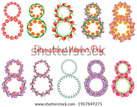 A set of numbers eight for International Women's Day. Hand drawn watercolor painting. Illustration on white background. Number from plants. Spring flowers by March 8. Congratulatory design.